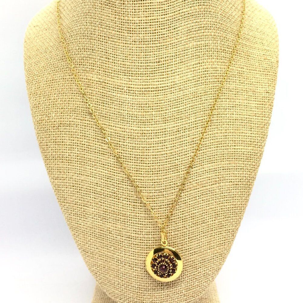 Vintage Locket Necklace Gold Tone Purple Rhinestone Floral Round Pendant Dainty